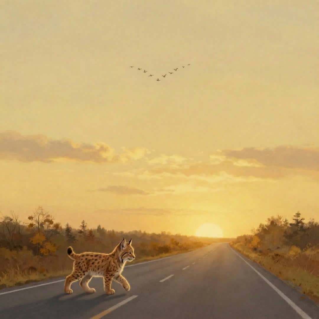 A young lynx crossing an empty road at sunset